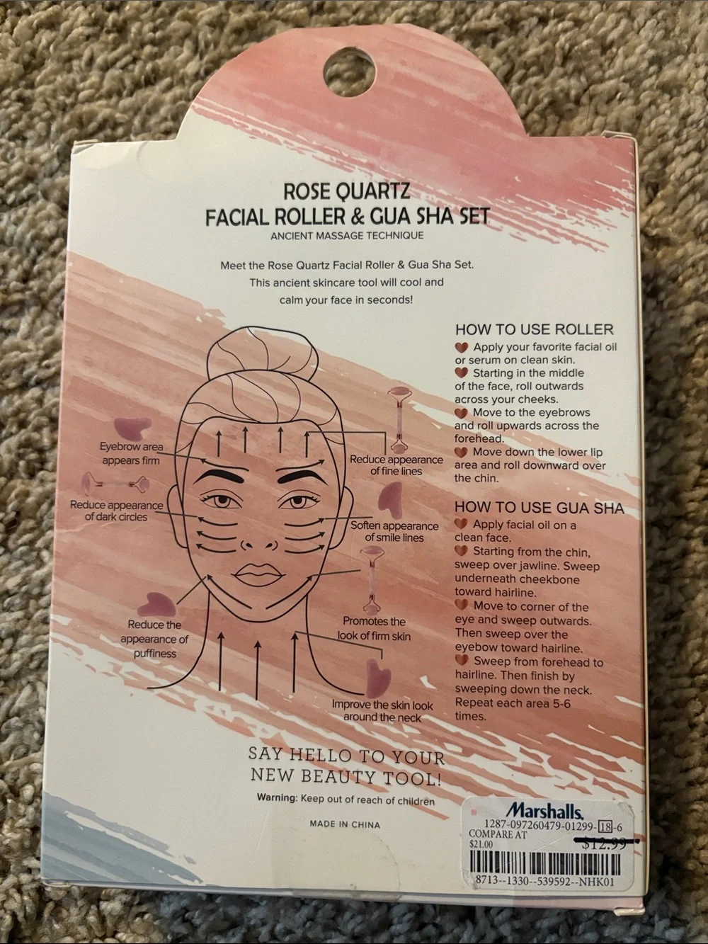 Marshalls Rose Quartz Facial Roller & Gua Sha Set - Pink with Rose Gold Accents